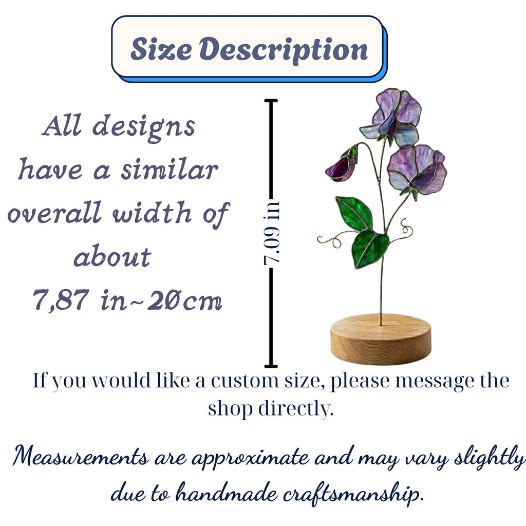 Handcrafted 3D stained glass purple sweet pea flower standing on a solid wooden base casting colored shadows, perfect April birth flower or Mother's Day desk decor gift.