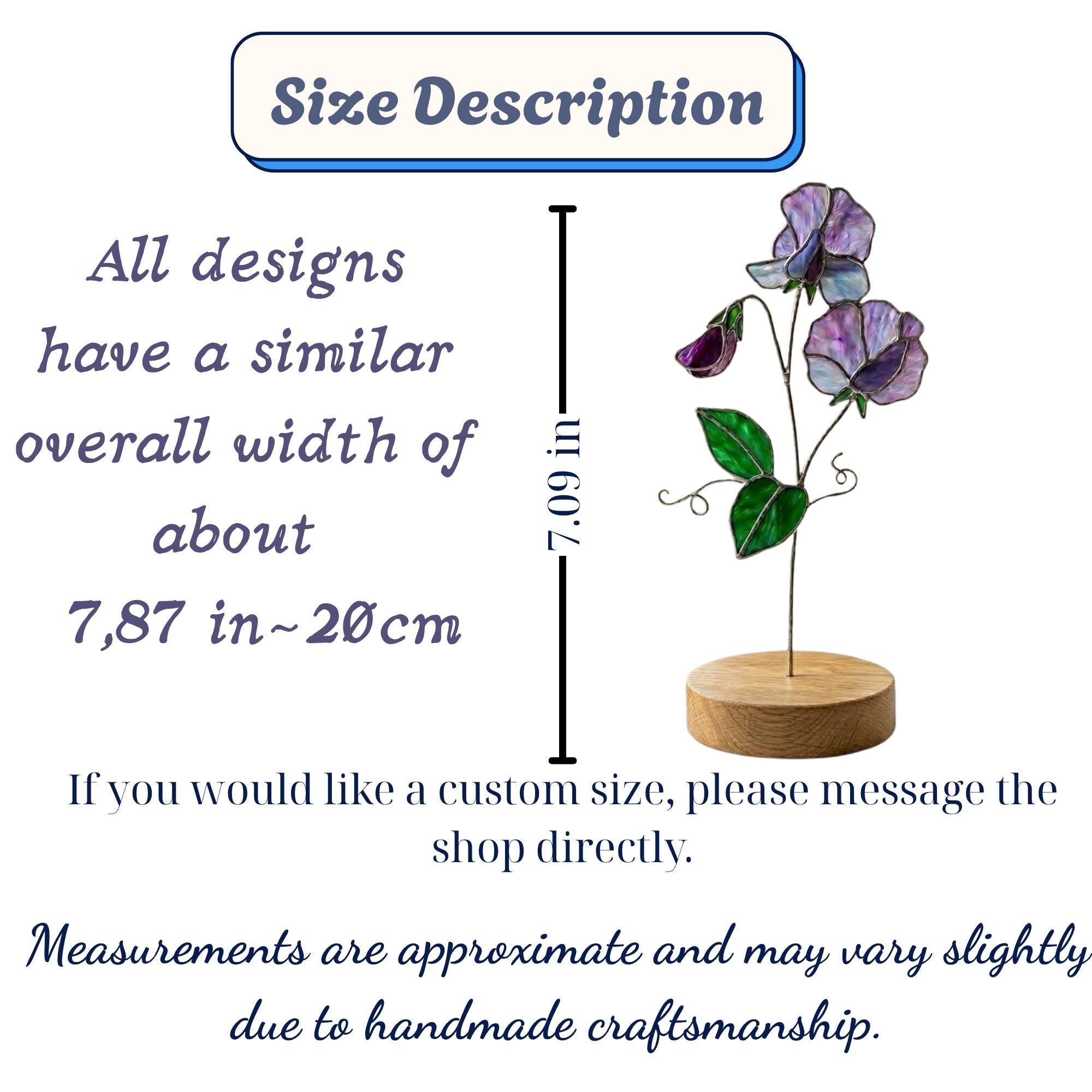 Handcrafted 3D stained glass purple sweet pea flower standing on a solid wooden base casting colored shadows, perfect April birth flower or Mother's Day desk decor gift.