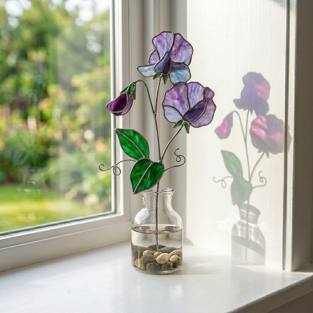 Handcrafted 3D stained glass purple sweet pea flower standing on a solid wooden base casting colored shadows, perfect April birth flower or Mother's Day desk decor gift.