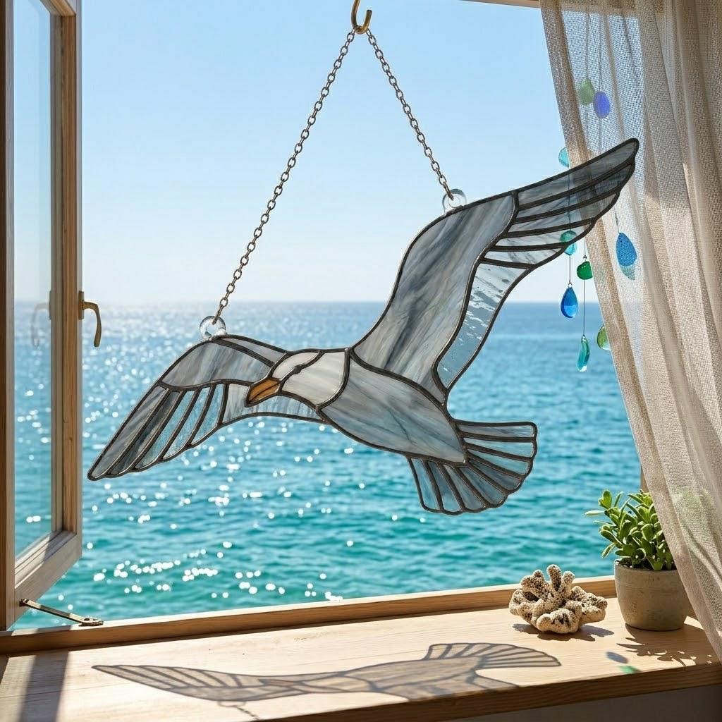 Handcrafted wispy stained glass flying seagull suncatcher casting shadows, perfect coastal beach house decor and nautical ocean lover gift.