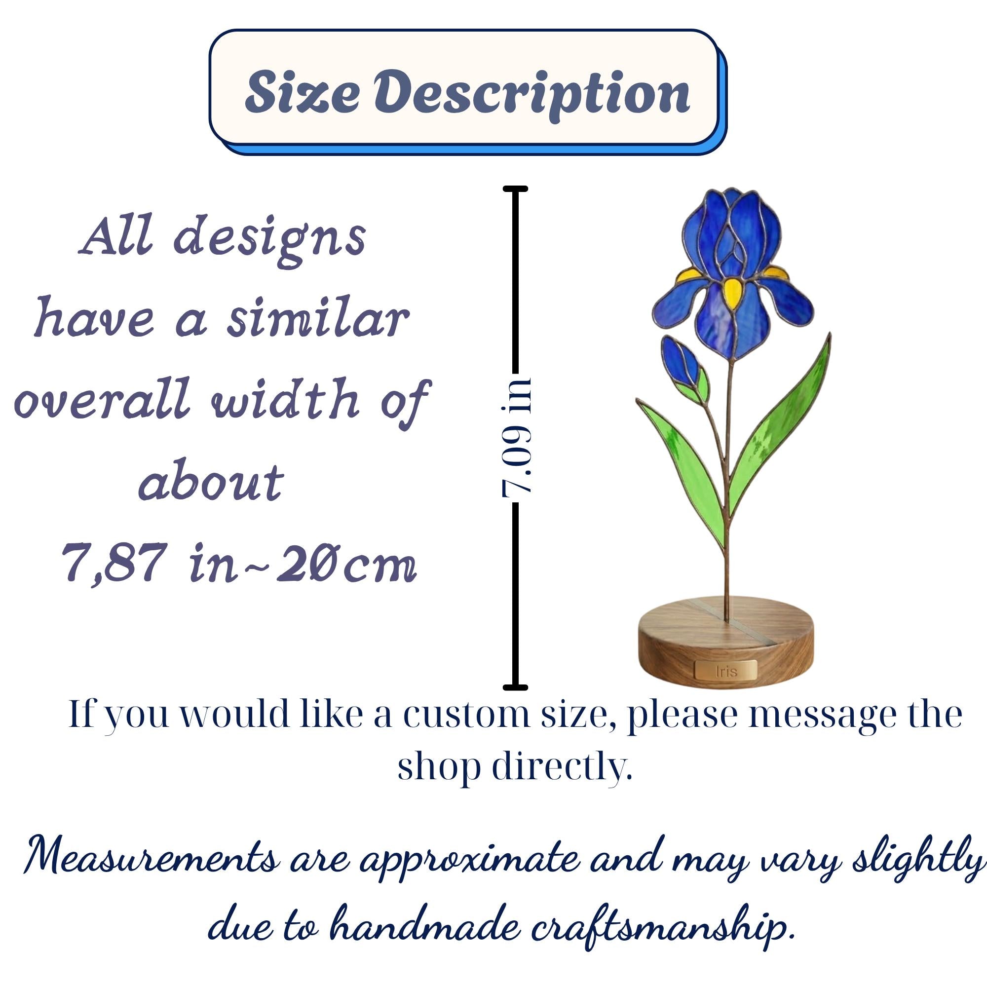 Handcrafted 3D stained glass blue iris flower standing on a wooden base with a brass nameplate, casting colored shadows, perfect Mother's Day desk decor gift.
