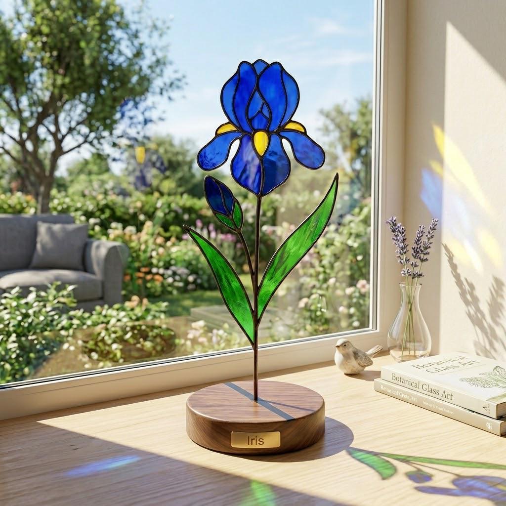 Handcrafted 3D stained glass blue iris flower standing on a wooden base with a brass nameplate, casting colored shadows, perfect Mother's Day desk decor gift.