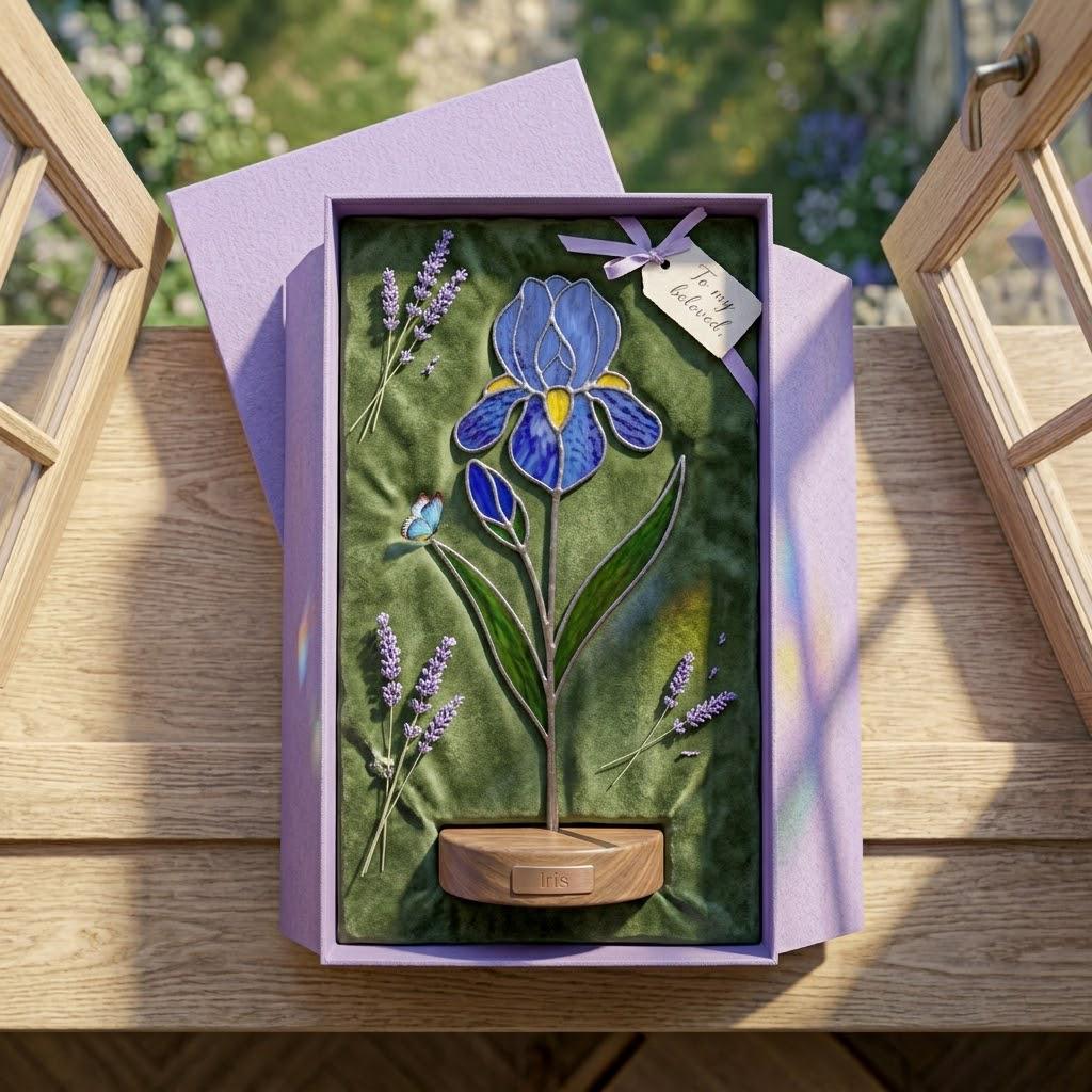 Handcrafted 3D stained glass blue iris flower standing on a wooden base with a brass nameplate, casting colored shadows, perfect Mother's Day desk decor gift.