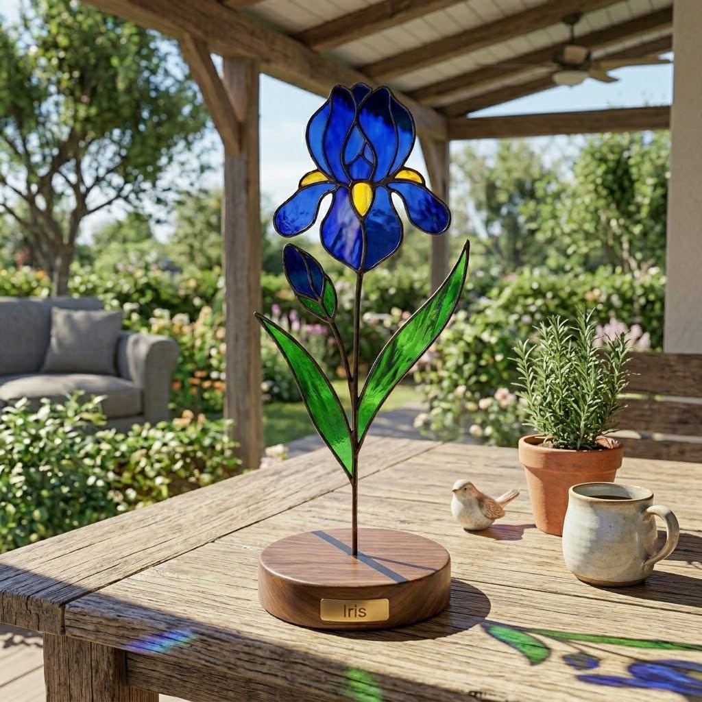 Handcrafted 3D stained glass blue iris flower standing on a wooden base with a brass nameplate, casting colored shadows, perfect Mother's Day desk decor gift.