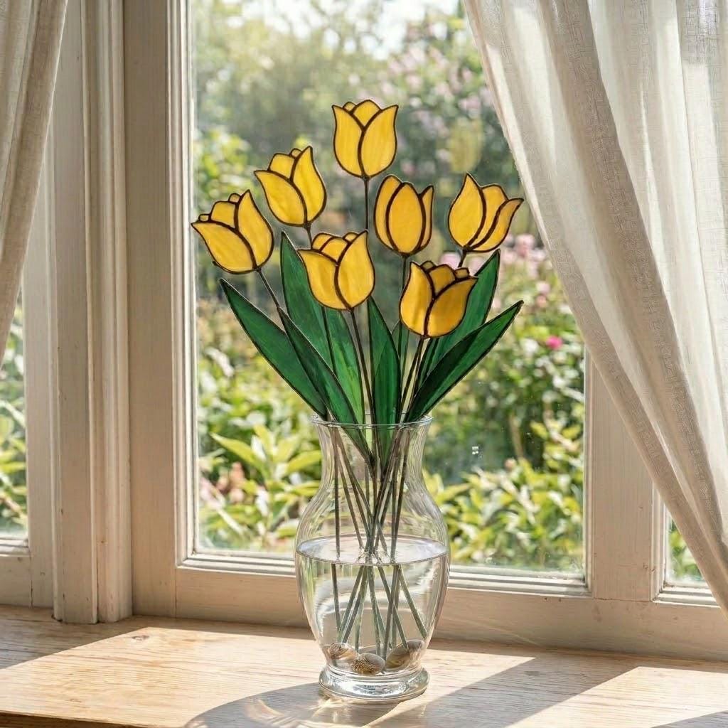 Handcrafted stained glass tulip flowers on long wire stems arranged in a sunlit vase casting colored shadows, perfect everlasting Mother's Day bouquet gift.