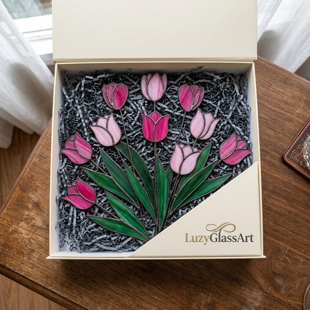 Handcrafted stained glass tulip flowers on long wire stems arranged in a sunlit vase casting colored shadows, perfect everlasting Mother's Day bouquet gift.