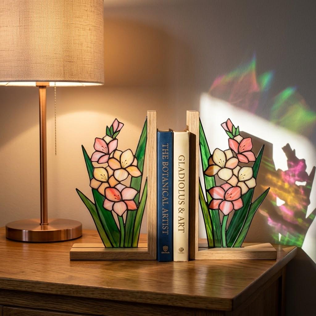 Gladiolus Stained Glass Bookends, Solid Oak Base August Birth Flower Gift Handmade Pink Floral Suncatcher, Unique Strength Symbol Decor