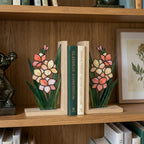 Gladiolus Stained Glass Bookends, Solid Oak Base August Birth Flower Gift Handmade Pink Floral Suncatcher, Unique Strength Symbol Decor