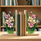 Gladiolus Stained Glass Bookends, Solid Oak Base August Birth Flower Gift Handmade Pink Floral Suncatcher, Unique Strength Symbol Decor
