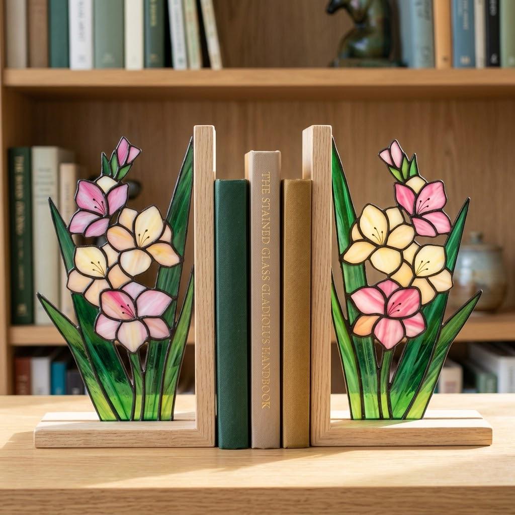 Gladiolus Stained Glass Bookends, Solid Oak Base August Birth Flower Gift Handmade Pink Floral Suncatcher, Unique Strength Symbol Decor