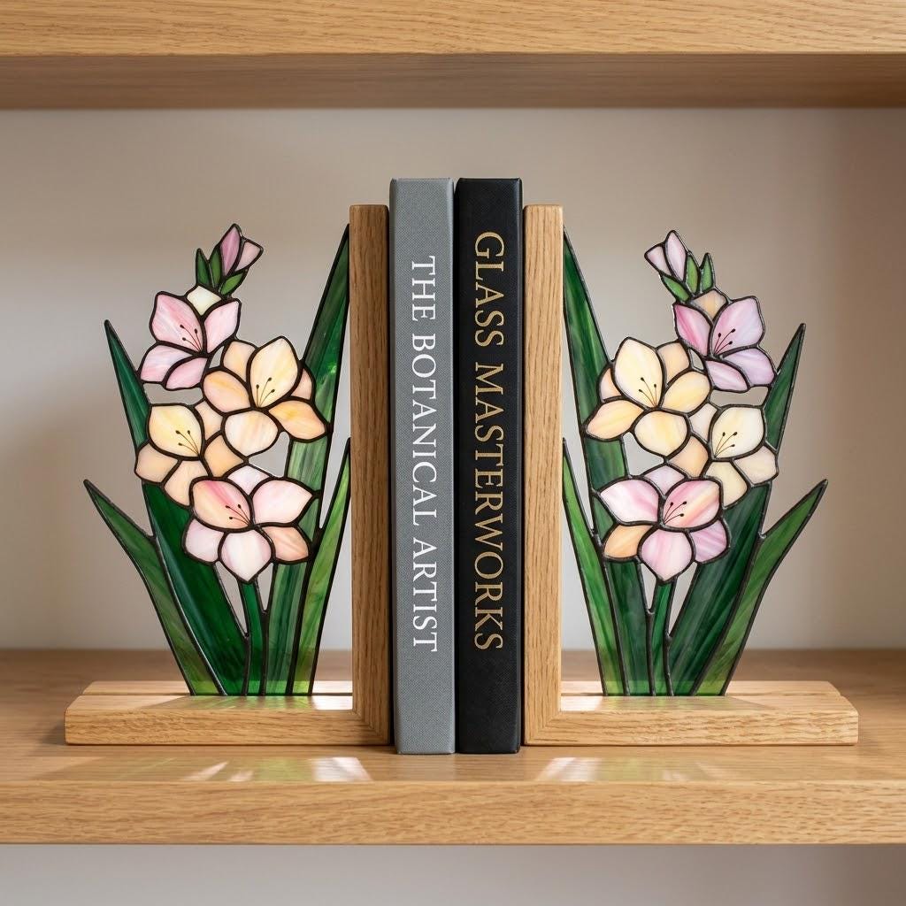 Gladiolus Stained Glass Bookends, Solid Oak Base August Birth Flower Gift Handmade Pink Floral Suncatcher, Unique Strength Symbol Decor