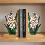 Gladiolus Stained Glass Bookends, Solid Oak Base August Birth Flower Gift Handmade Pink Floral Suncatcher, Unique Strength Symbol Decor