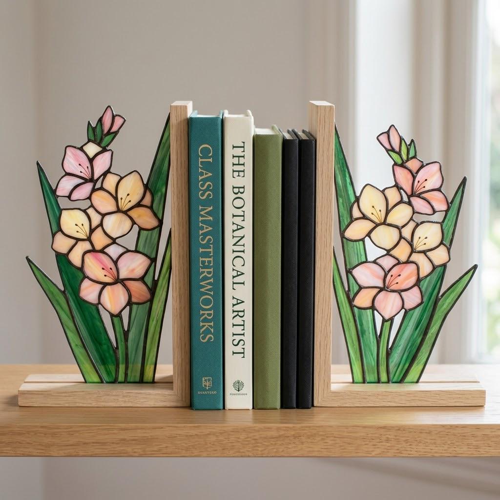 Gladiolus Stained Glass Bookends, Solid Oak Base August Birth Flower Gift Handmade Pink Floral Suncatcher, Unique Strength Symbol Decor