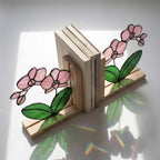 Personalized Orchid Stained Glass Bookends, Solid Oak Base Custom Engraved Flower Gift Handmade Pink Suncatcher, Unique Mother's Day Gift
