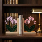 Personalized Orchid Stained Glass Bookends, Solid Oak Base Custom Engraved Flower Gift Handmade Pink Suncatcher, Unique Mother's Day Gift