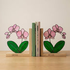 Personalized Orchid Stained Glass Bookends, Solid Oak Base Custom Engraved Flower Gift Handmade Pink Suncatcher, Unique Mother's Day Gift