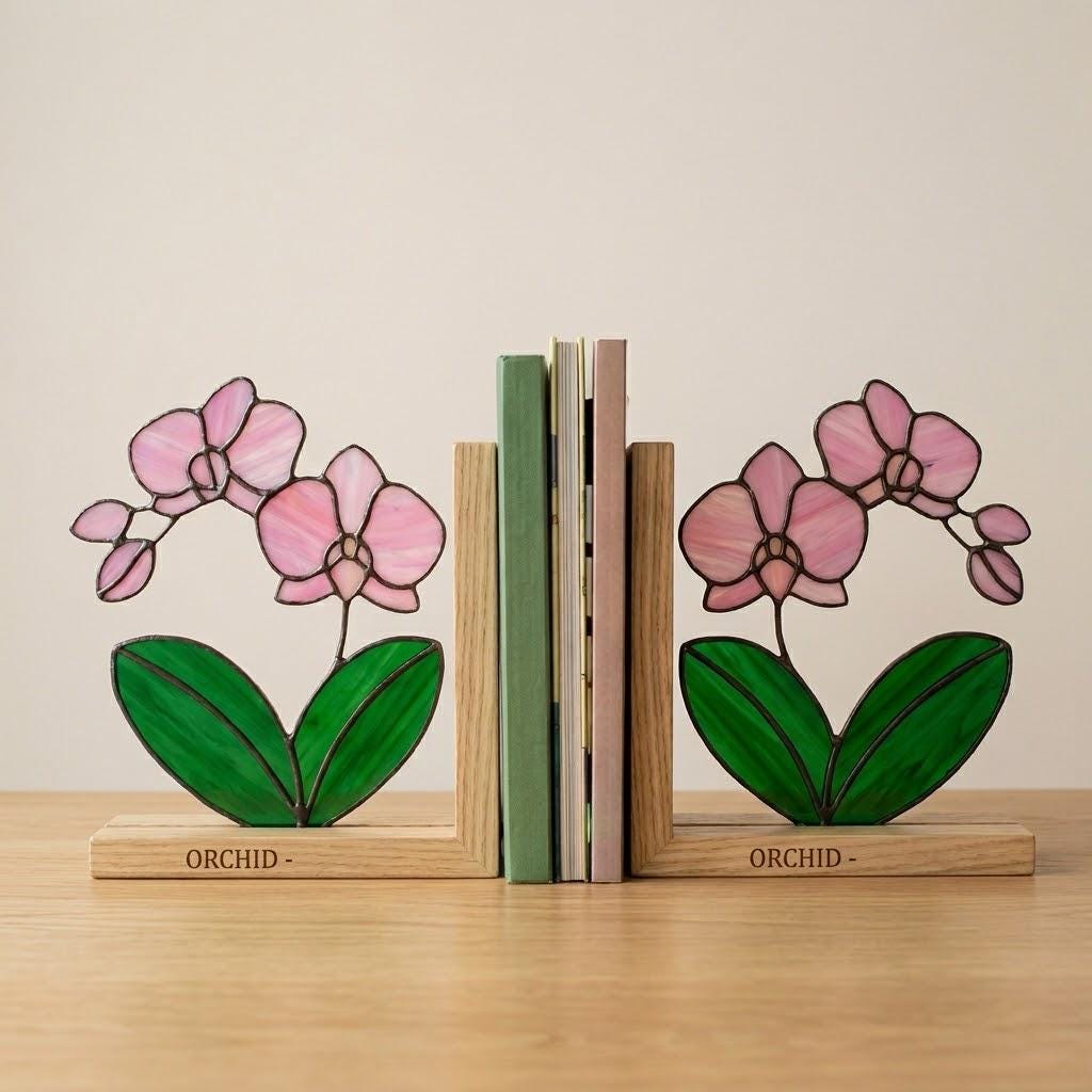 Personalized Orchid Stained Glass Bookends, Solid Oak Base Custom Engraved Flower Gift Handmade Pink Suncatcher, Unique Mother's Day Gift