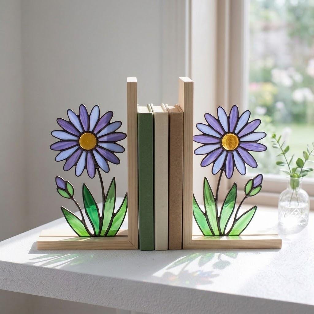 Aster Stained Glass Bookends, Solid Oak Base September Birth Flower Gift Purple Floral Suncatcher, Unique Teacher Gift, Library Decor