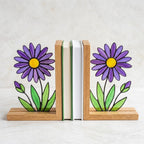 Aster Stained Glass Bookends, Solid Oak Base September Birth Flower Gift Purple Floral Suncatcher, Unique Teacher Gift, Library Decor