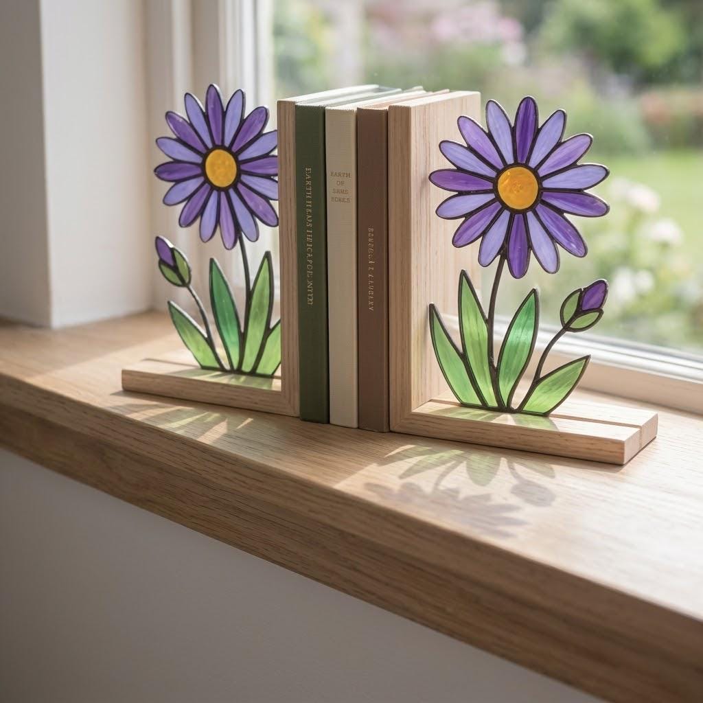Aster Stained Glass Bookends, Solid Oak Base September Birth Flower Gift Purple Floral Suncatcher, Unique Teacher Gift, Library Decor