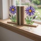 Aster Stained Glass Bookends, Solid Oak Base September Birth Flower Gift Purple Floral Suncatcher, Unique Teacher Gift, Library Decor