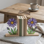 Aster Stained Glass Bookends, Solid Oak Base September Birth Flower Gift Purple Floral Suncatcher, Unique Teacher Gift, Library Decor