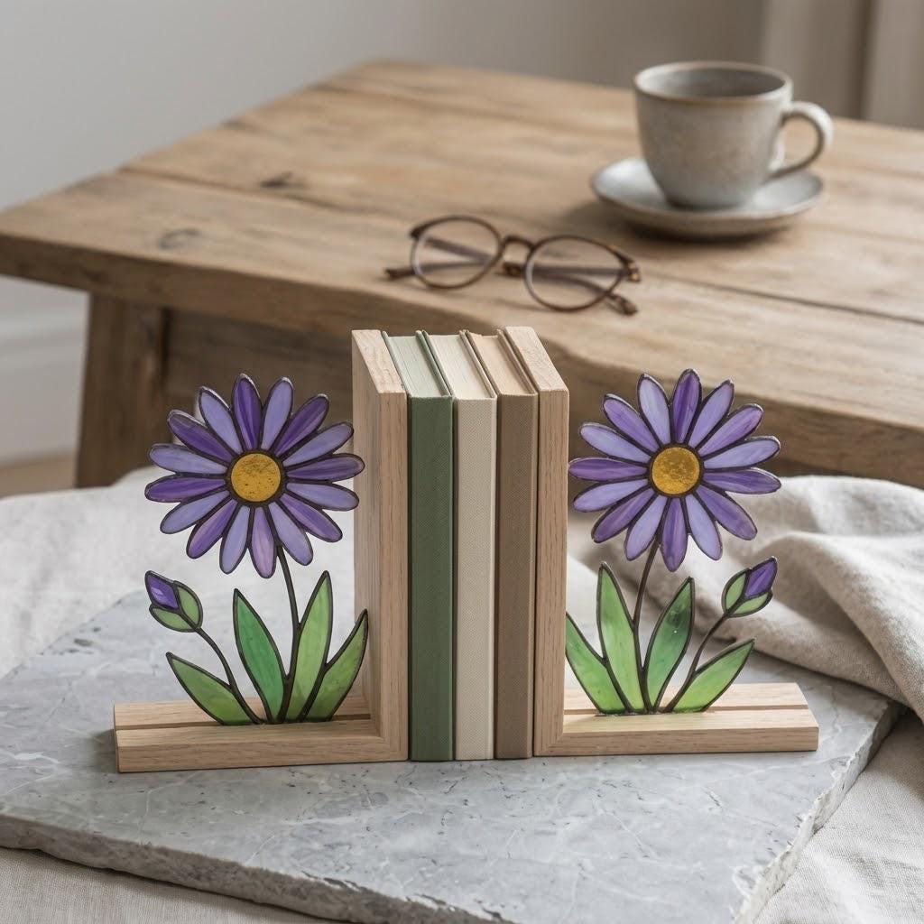 Aster Stained Glass Bookends, Solid Oak Base September Birth Flower Gift Purple Floral Suncatcher, Unique Teacher Gift, Library Decor