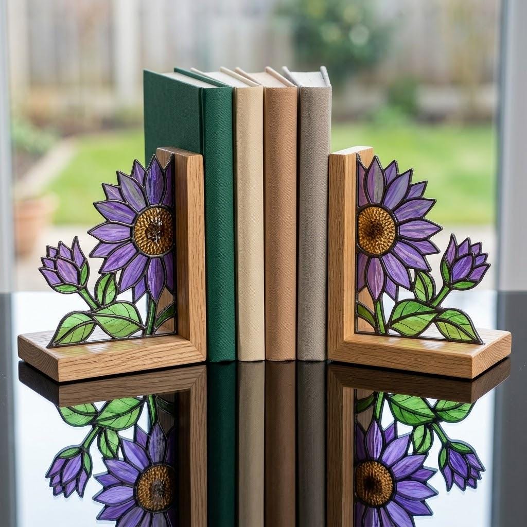 Aster Stained Glass Bookends, Solid Oak Base September Birth Flower Gift Purple Floral Suncatcher, Unique Teacher Gift, Library Decor