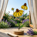 Handcrafted stained glass coneflower black eyed susan family bouquet standing on a custom personalized engraved wooden base casting colored shadows, perfect Mom's garden Mother's Day desk decor gift.