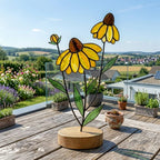 Handcrafted stained glass coneflower black eyed susan family bouquet standing on a custom personalized engraved wooden base casting colored shadows, perfect Mom's garden Mother's Day desk decor gift.