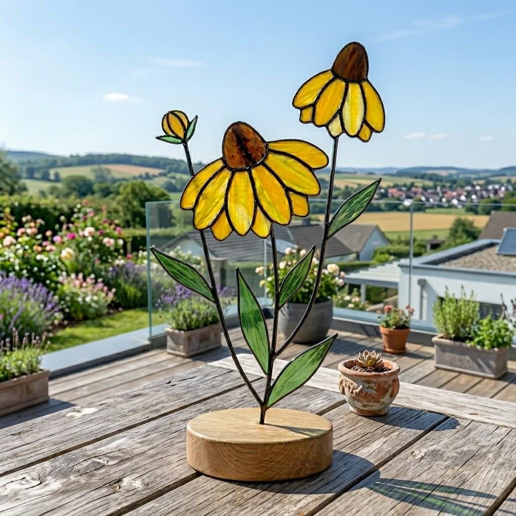 Handcrafted stained glass coneflower black eyed susan family bouquet standing on a custom personalized engraved wooden base casting colored shadows, perfect Mom's garden Mother's Day desk decor gift.