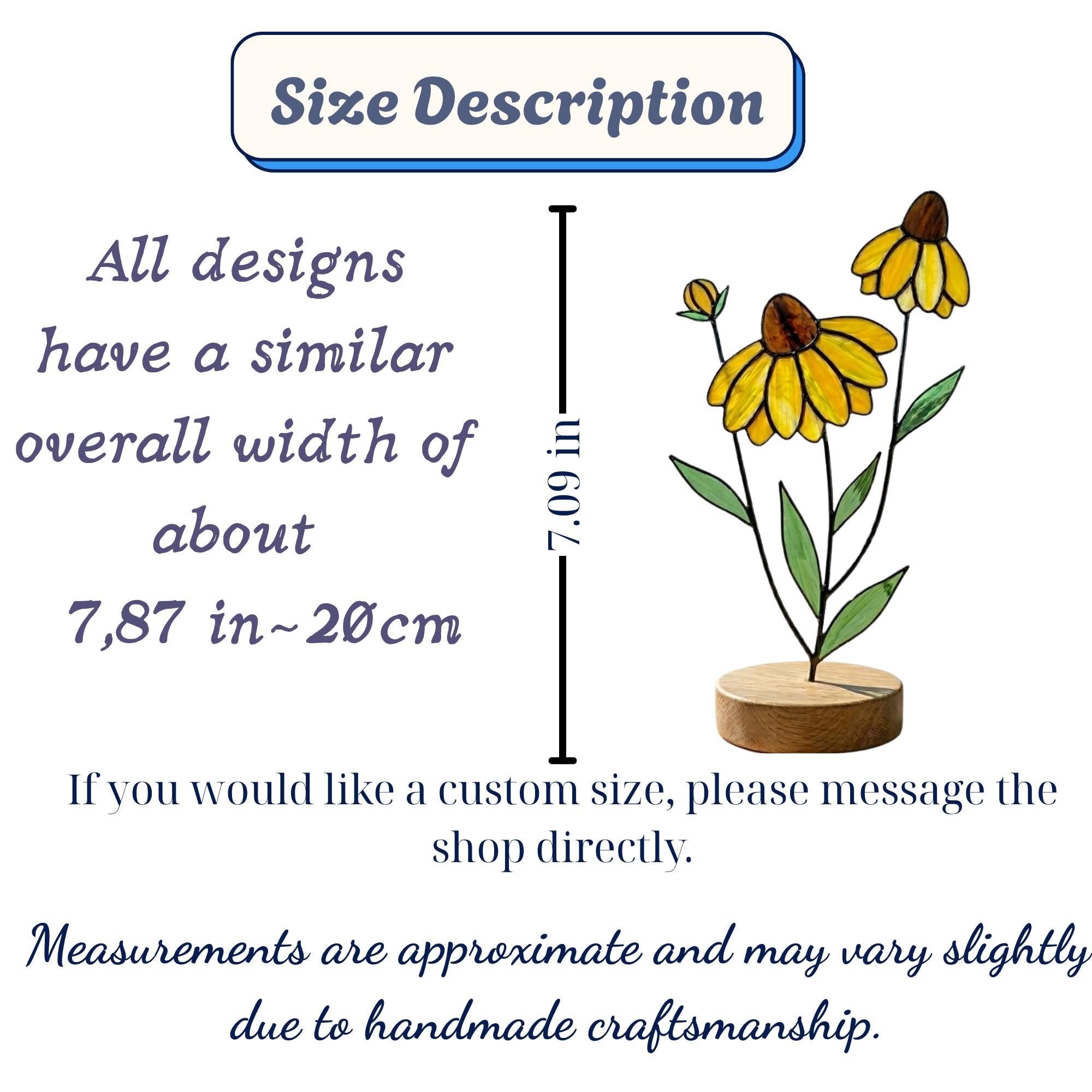 Handcrafted stained glass coneflower black eyed susan family bouquet standing on a custom personalized engraved wooden base casting colored shadows, perfect Mom's garden Mother's Day desk decor gift.