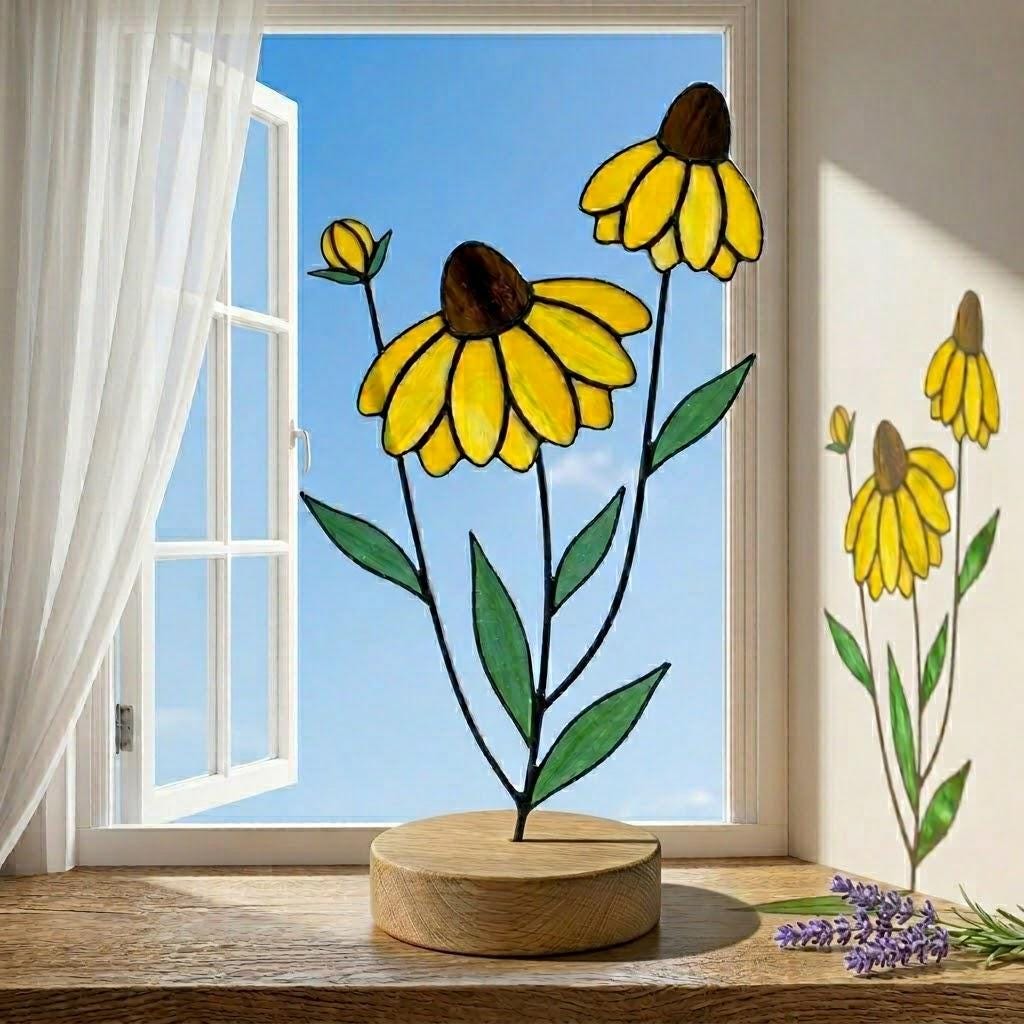 Handcrafted stained glass coneflower black eyed susan family bouquet standing on a custom personalized engraved wooden base casting colored shadows, perfect Mom's garden Mother's Day desk decor gift.