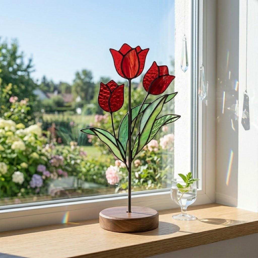 Handmade 3D red tulip stained glass flower standing on a solid walnut wood base, casting vibrant colored shadows in hard sunlight, perfect for Mother's Day gift and botanical cottagecore desk decor.
