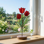 Handmade 3D red tulip stained glass flower standing on a solid walnut wood base, casting vibrant colored shadows in hard sunlight, perfect for Mother's Day gift and botanical cottagecore desk decor.