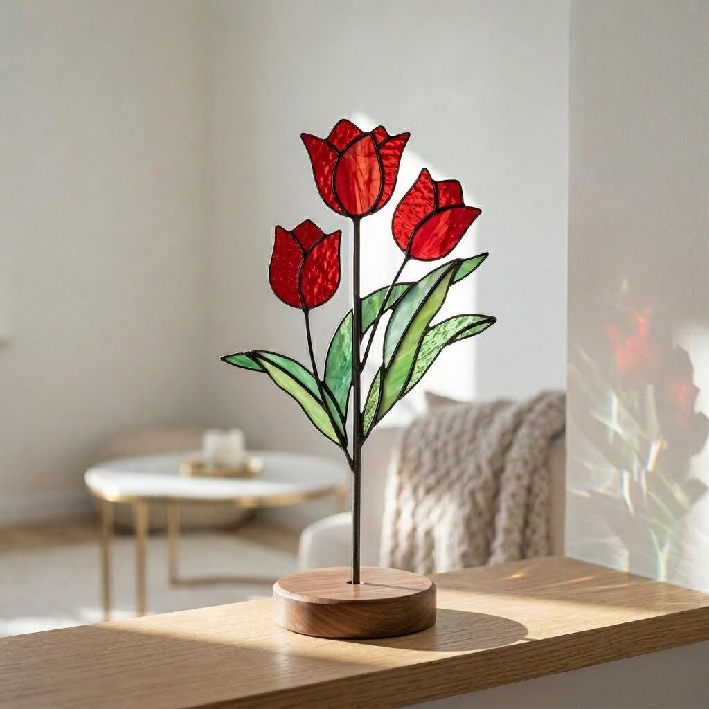 Handmade 3D red tulip stained glass flower standing on a solid walnut wood base, casting vibrant colored shadows in hard sunlight, perfect for Mother's Day gift and botanical cottagecore desk decor.