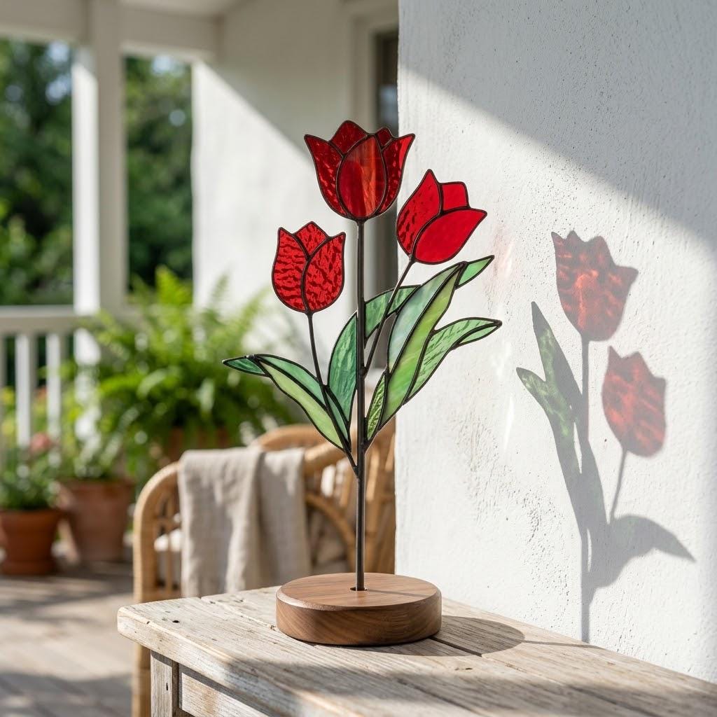 Handmade 3D red tulip stained glass flower standing on a solid walnut wood base, casting vibrant colored shadows in hard sunlight, perfect for Mother's Day gift and botanical cottagecore desk decor.