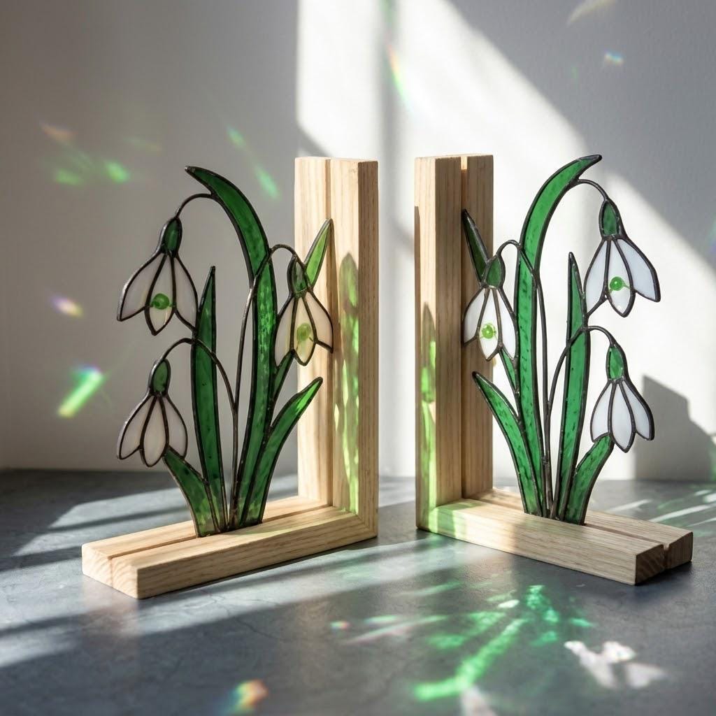 Snowdrop Stained Glass Bookends, Natural Wood Base January Birth Flower Gift Handmade White Floral Suncatcher, Sympathy Gift, Home Decor