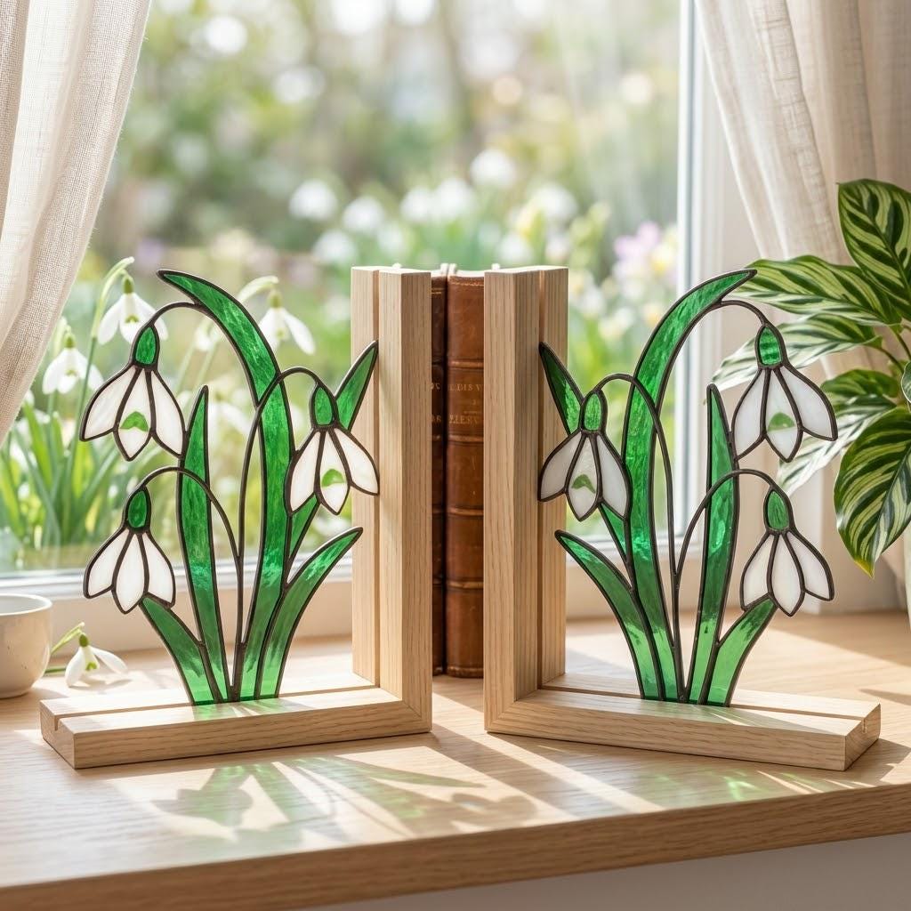 Snowdrop Stained Glass Bookends, Natural Wood Base January Birth Flower Gift Handmade White Floral Suncatcher, Sympathy Gift, Home Decor