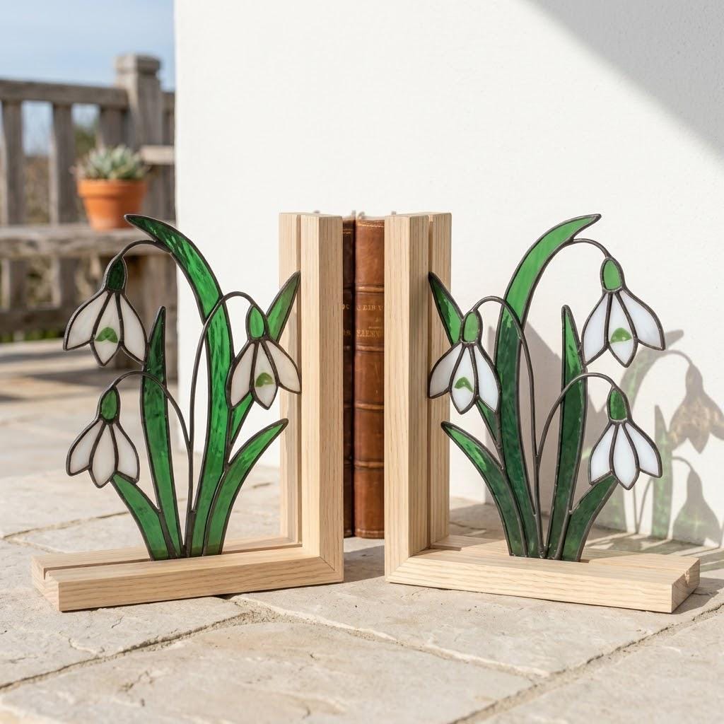 Snowdrop Stained Glass Bookends, Natural Wood Base January Birth Flower Gift Handmade White Floral Suncatcher, Sympathy Gift, Home Decor