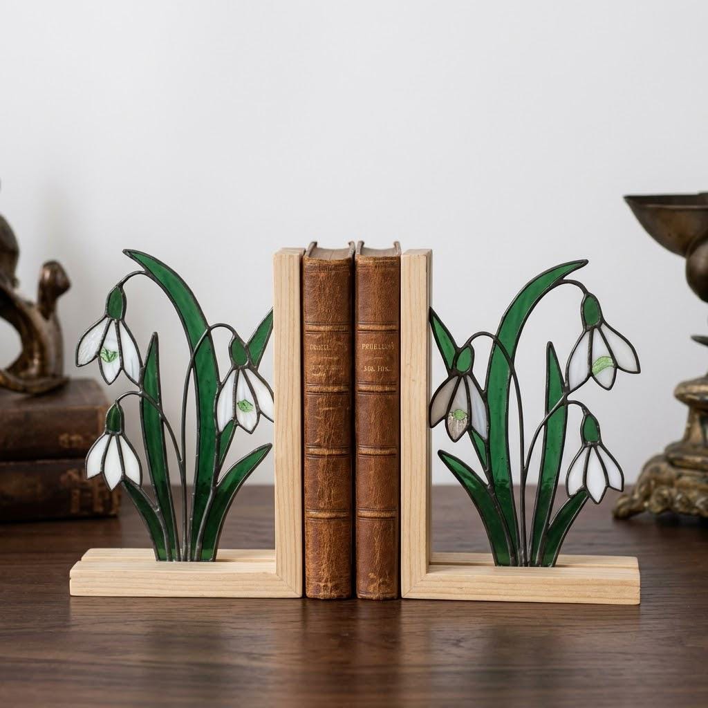 Snowdrop Stained Glass Bookends, Natural Wood Base January Birth Flower Gift Handmade White Floral Suncatcher, Sympathy Gift, Home Decor