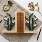 Snowdrop Stained Glass Bookends, Natural Wood Base January Birth Flower Gift Handmade White Floral Suncatcher, Sympathy Gift, Home Decor