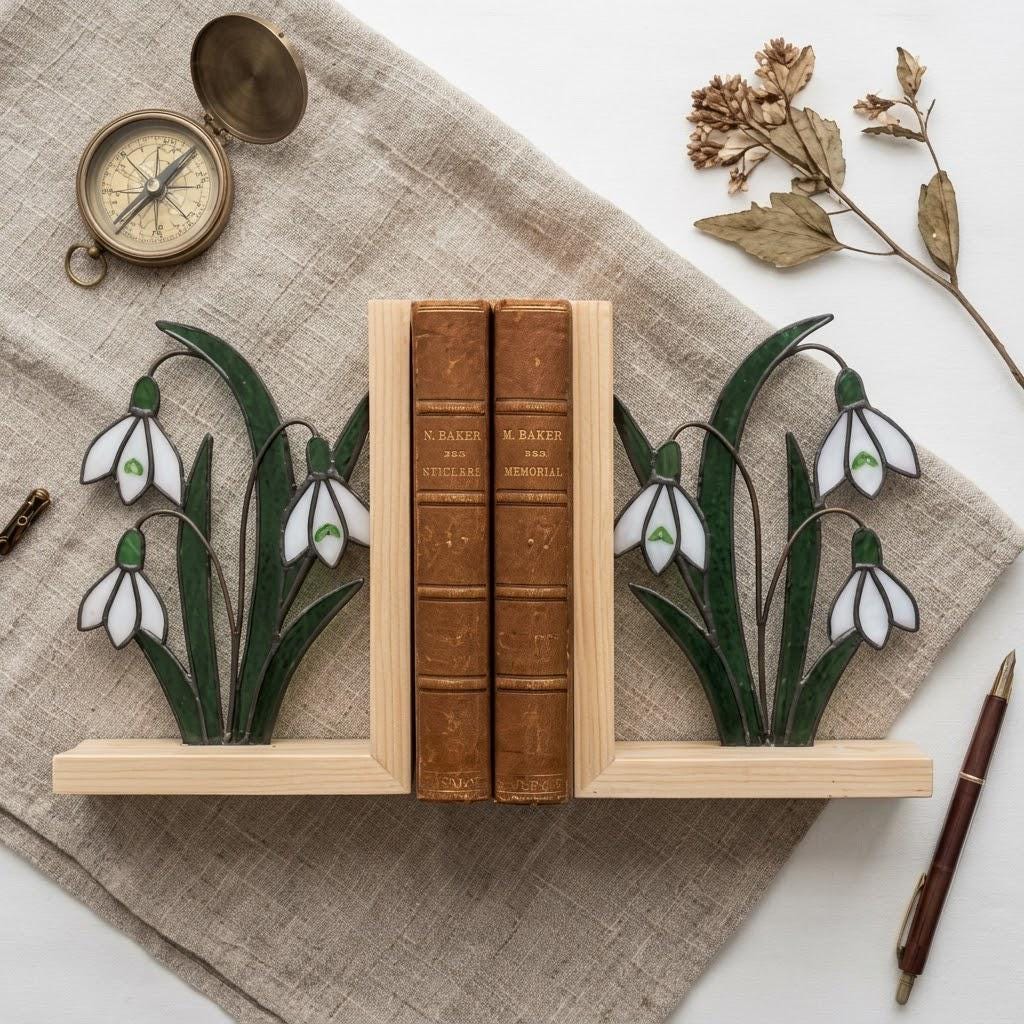 Snowdrop Stained Glass Bookends, Natural Wood Base January Birth Flower Gift Handmade White Floral Suncatcher, Sympathy Gift, Home Decor