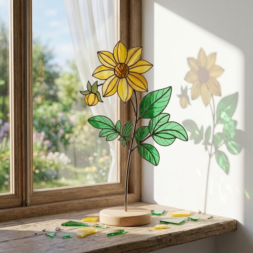 Handmade 3D yellow Dahlia stained glass flower casting vibrant colored shadows, available with a custom engraved wooden base or standalone for vase display, perfect for personalized Mother's Day gift and August birth flower desk decor.