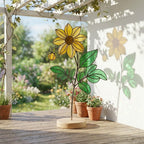 Handmade 3D yellow Dahlia stained glass flower casting vibrant colored shadows, available with a custom engraved wooden base or standalone for vase display, perfect for personalized Mother's Day gift and August birth flower desk decor.
