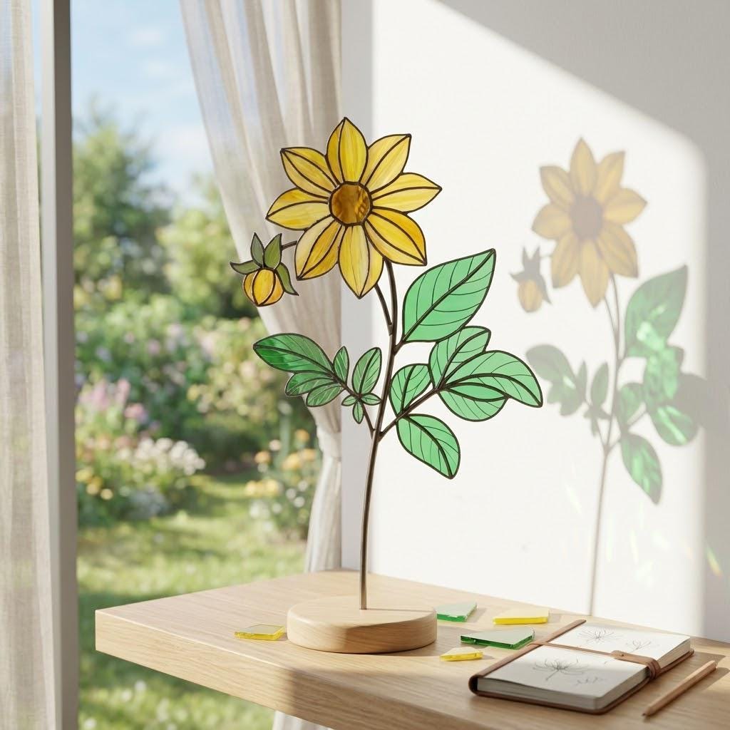 Handmade 3D yellow Dahlia stained glass flower casting vibrant colored shadows, available with a custom engraved wooden base or standalone for vase display, perfect for personalized Mother's Day gift and August birth flower desk decor.