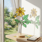 Handmade 3D yellow Dahlia stained glass flower casting vibrant colored shadows, available with a custom engraved wooden base or standalone for vase display, perfect for personalized Mother's Day gift and August birth flower desk decor.