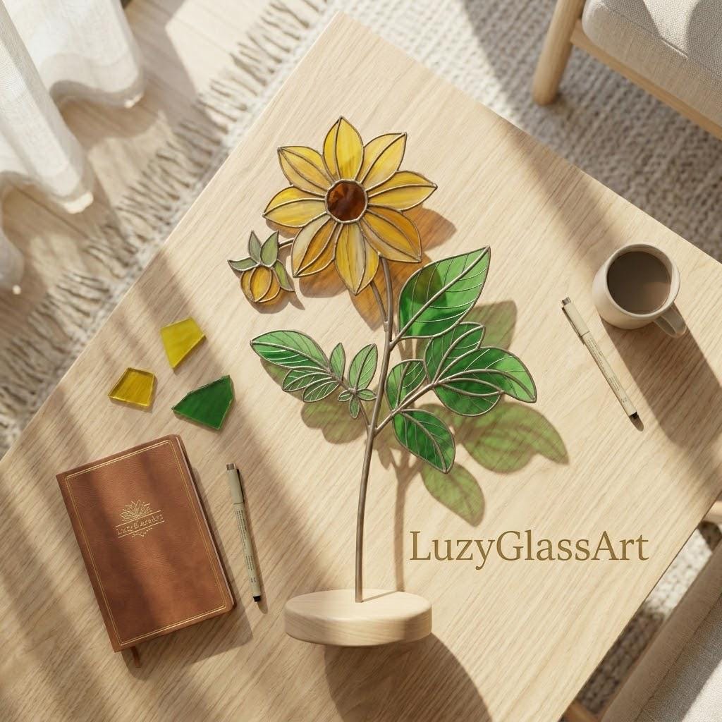 Handmade 3D yellow Dahlia stained glass flower casting vibrant colored shadows, available with a custom engraved wooden base or standalone for vase display, perfect for personalized Mother's Day gift and August birth flower desk decor.