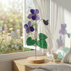 Handmade 3D purple violet stained glass flower casting vibrant colored shadows, available with a custom engraved wooden base or standalone for vase display, perfect for personalized Mother's Day gift and February birth flower desk decor.