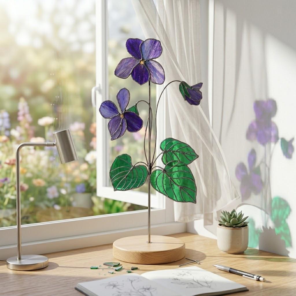 Handmade 3D purple violet stained glass flower casting vibrant colored shadows, available with a custom engraved wooden base or standalone for vase display, perfect for personalized Mother's Day gift and February birth flower desk decor.